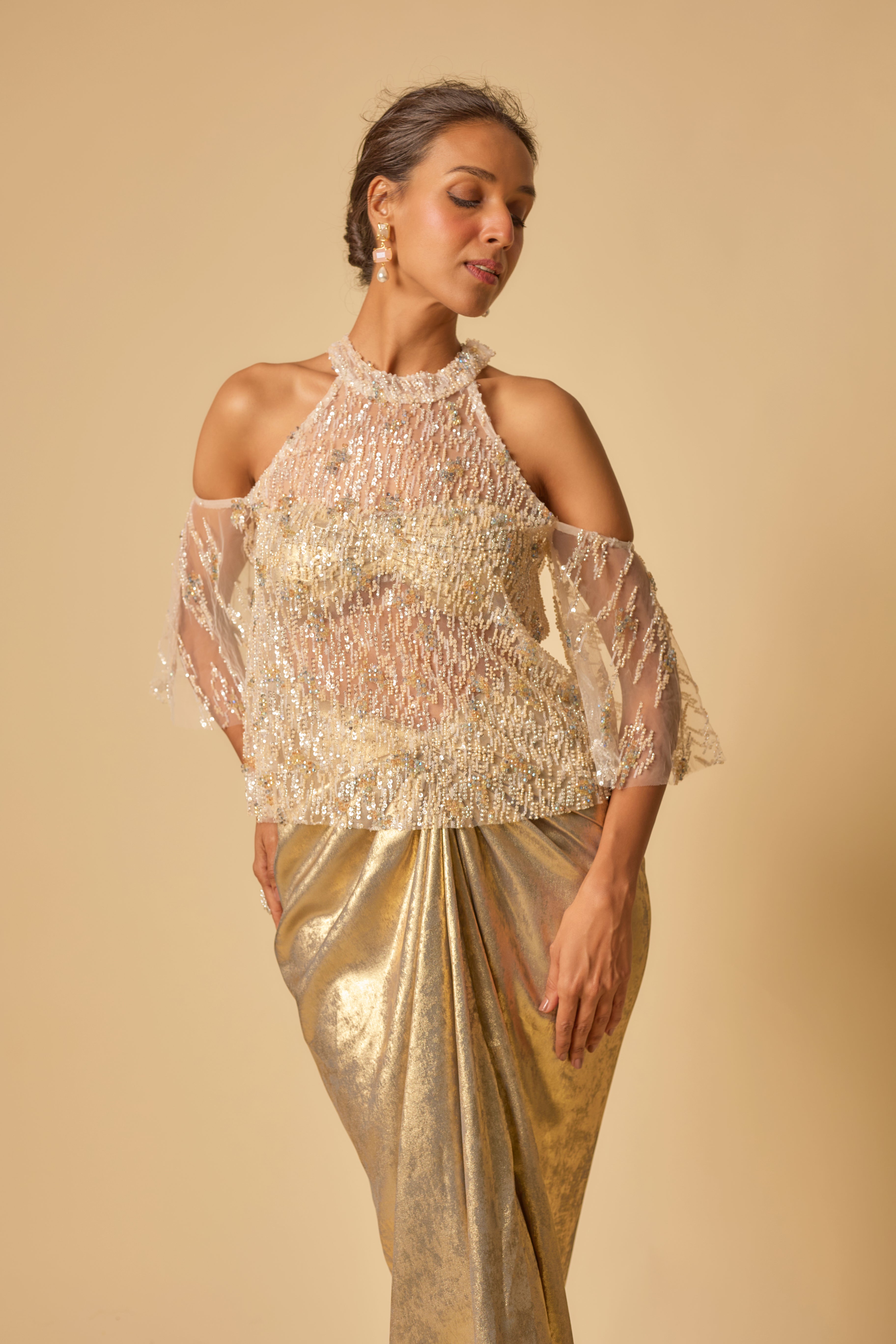 Gold Metallic Drape Skirt Set with Embroidered Cape