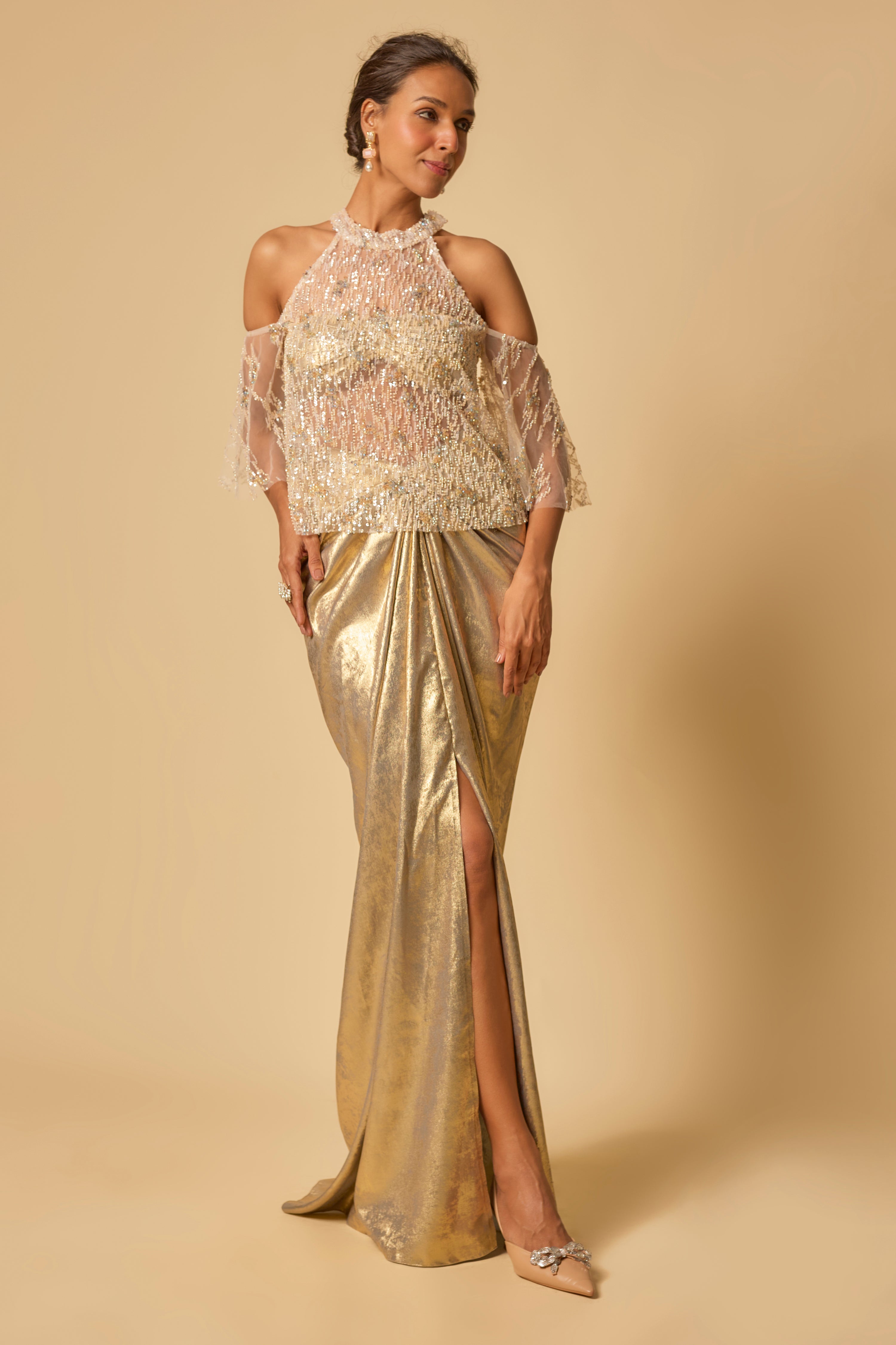 Gold Metallic Drape Skirt Set with Embroidered Cape