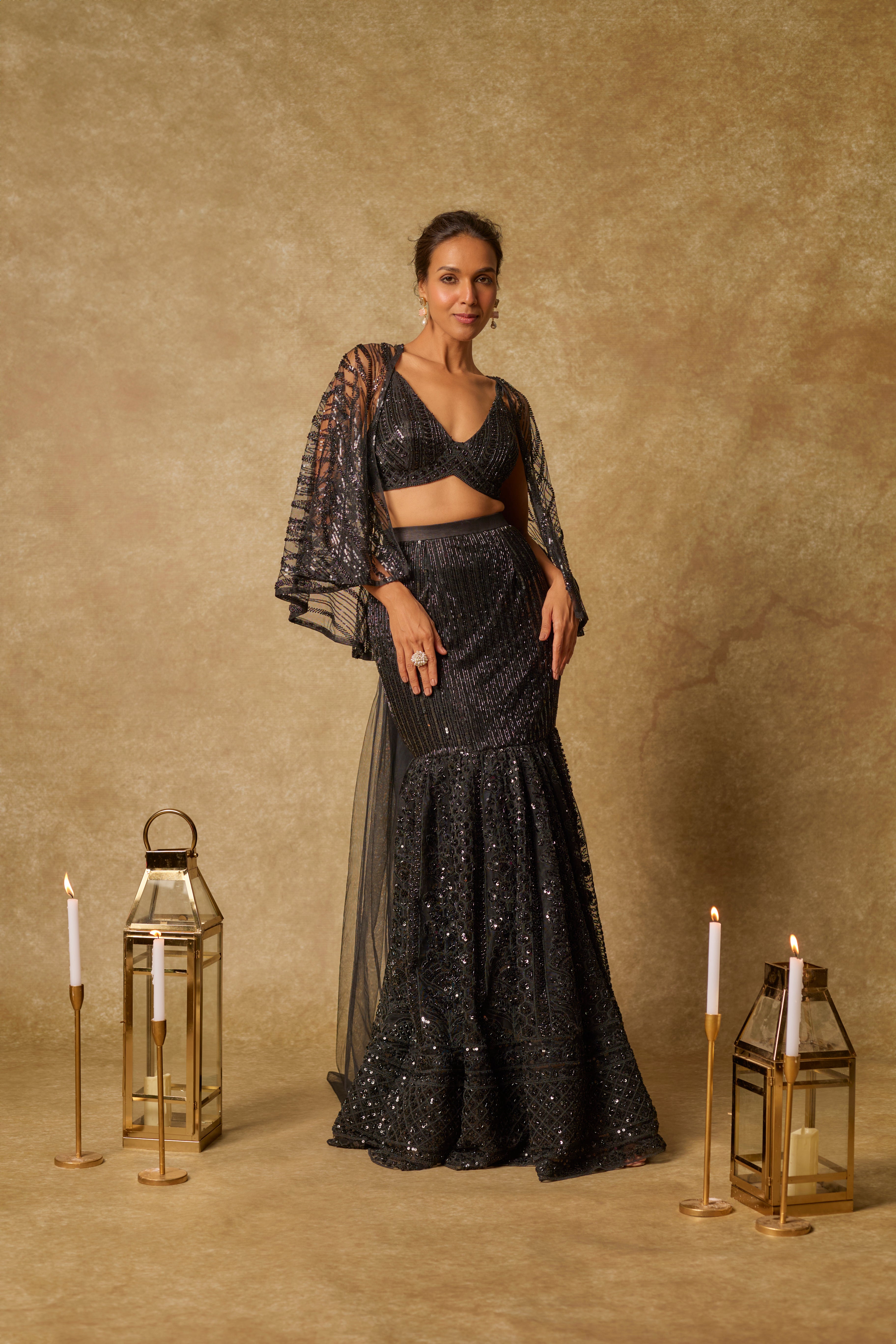 Black Embroidered Mermaid Skirt Dupatta and Blouse