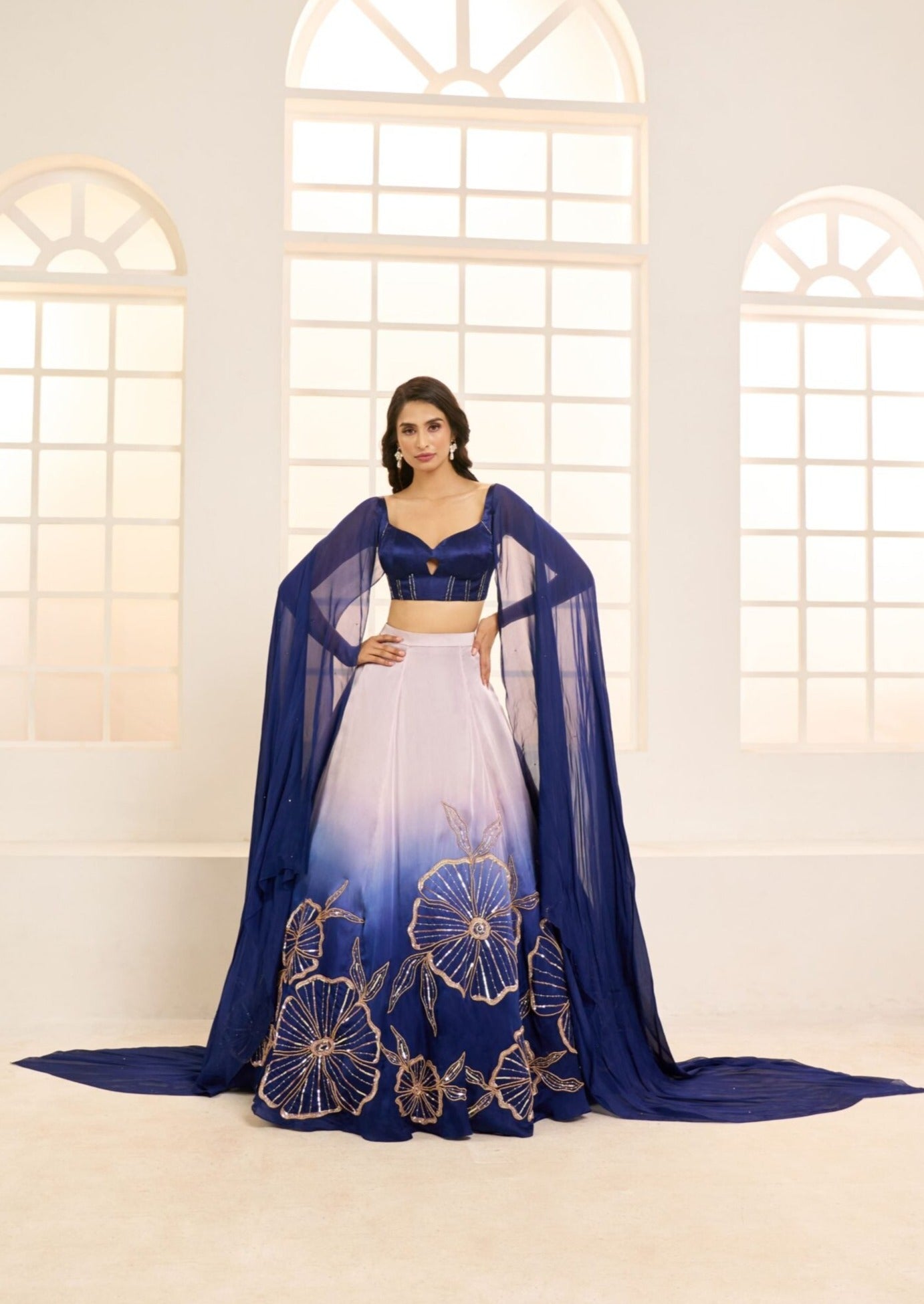 Lilac And Navy Blue Ombre Lehenga Set
