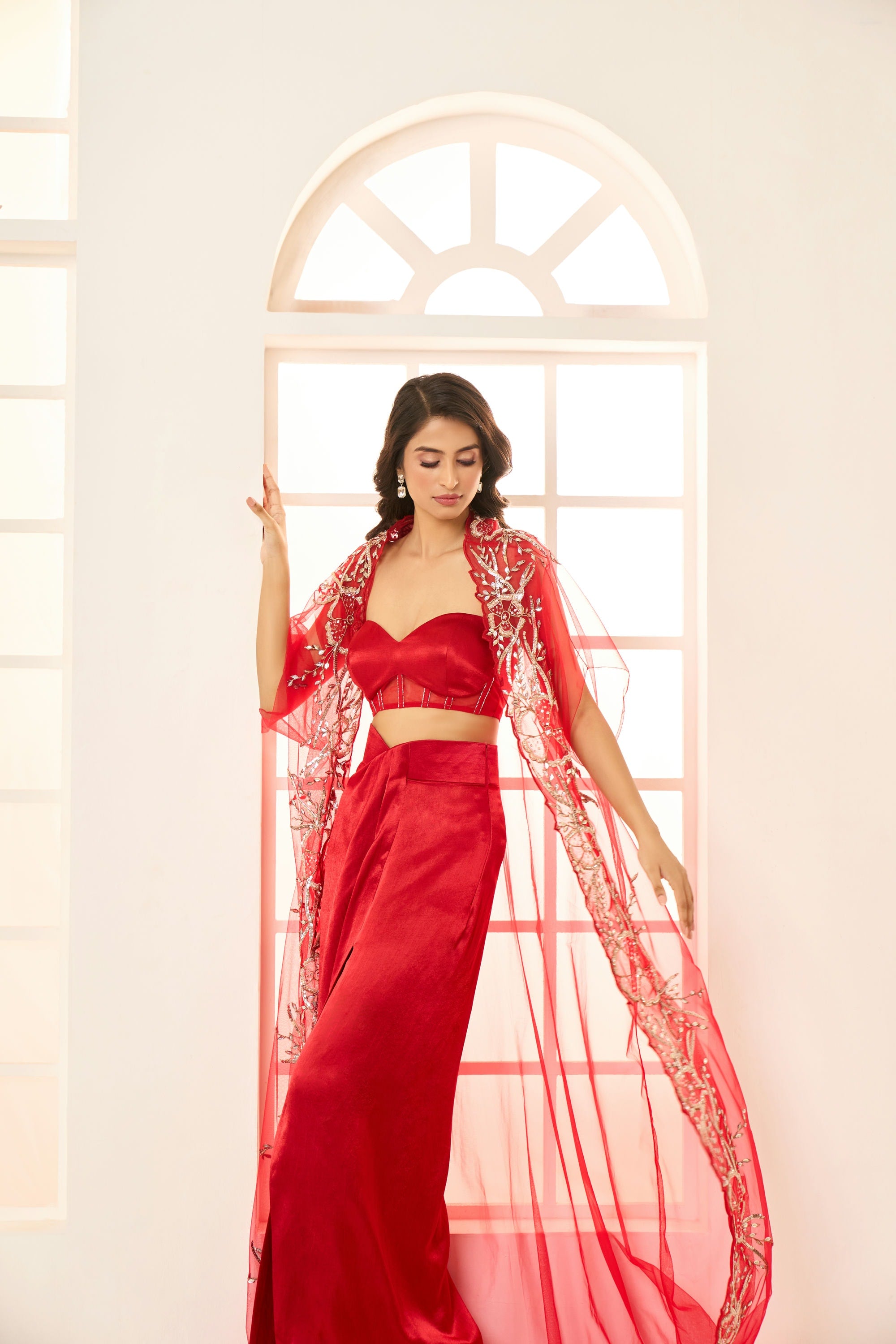 Red embroidered drape skirt set with embroidered cape