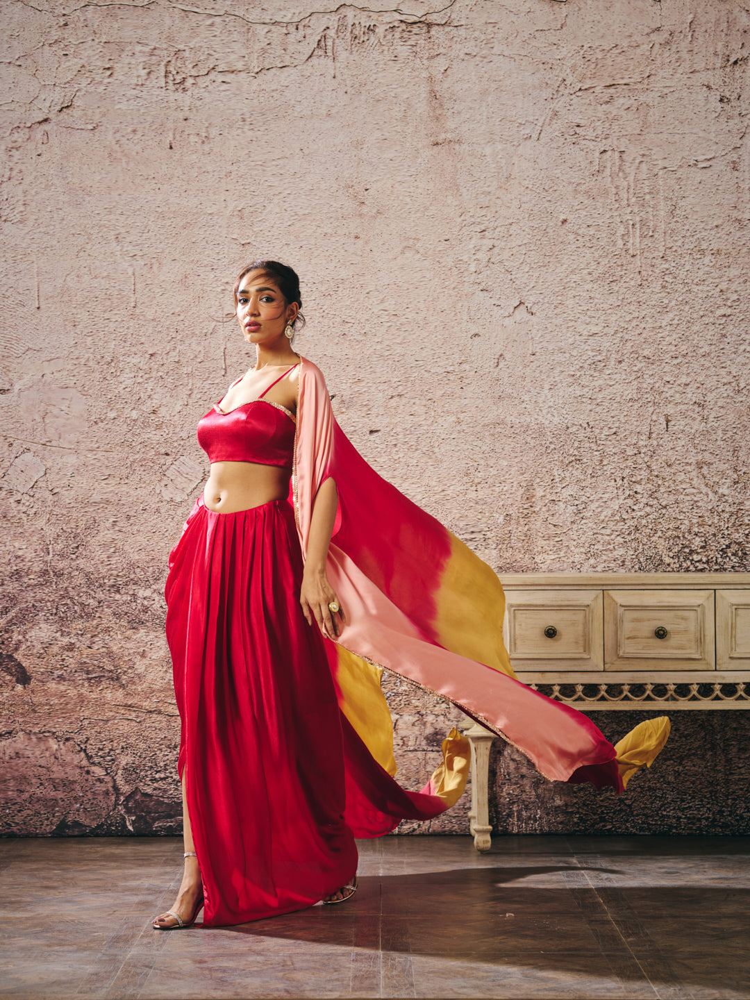 RED SKIRT WITH BLOUSE WITH RED AND GOLD PEACH OMBRE SHRUG