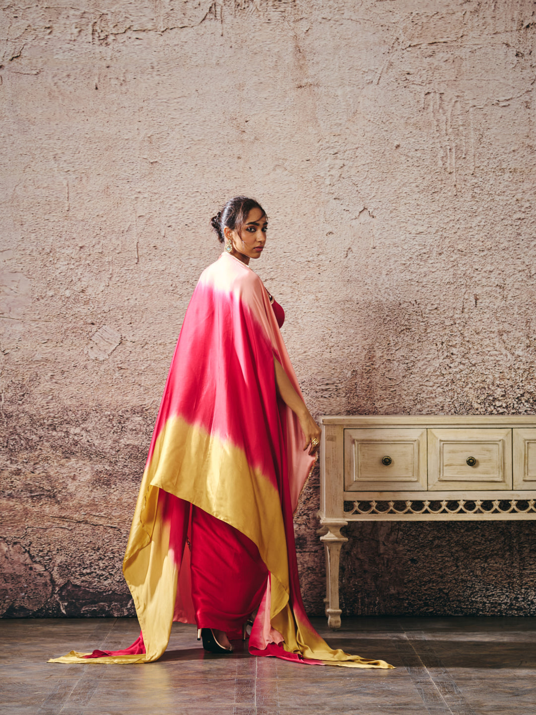 RED SKIRT WITH BLOUSE WITH RED AND GOLD PEACH OMBRE SHRUG