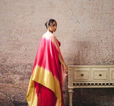 RED SKIRT WITH BLOUSE WITH RED AND GOLD PEACH OMBRE SHRUG