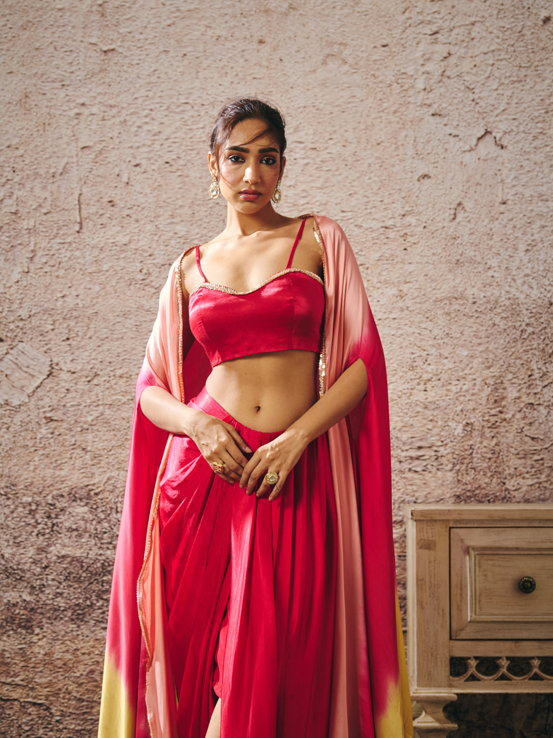 RED SKIRT WITH BLOUSE WITH RED AND GOLD PEACH OMBRE SHRUG