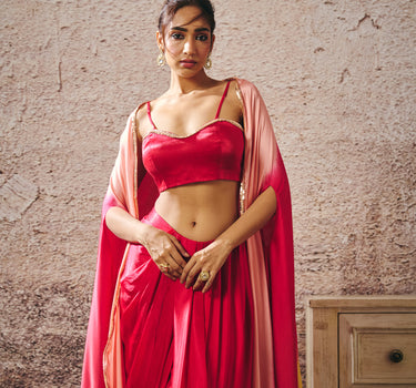 RED SKIRT WITH BLOUSE WITH RED AND GOLD PEACH OMBRE SHRUG