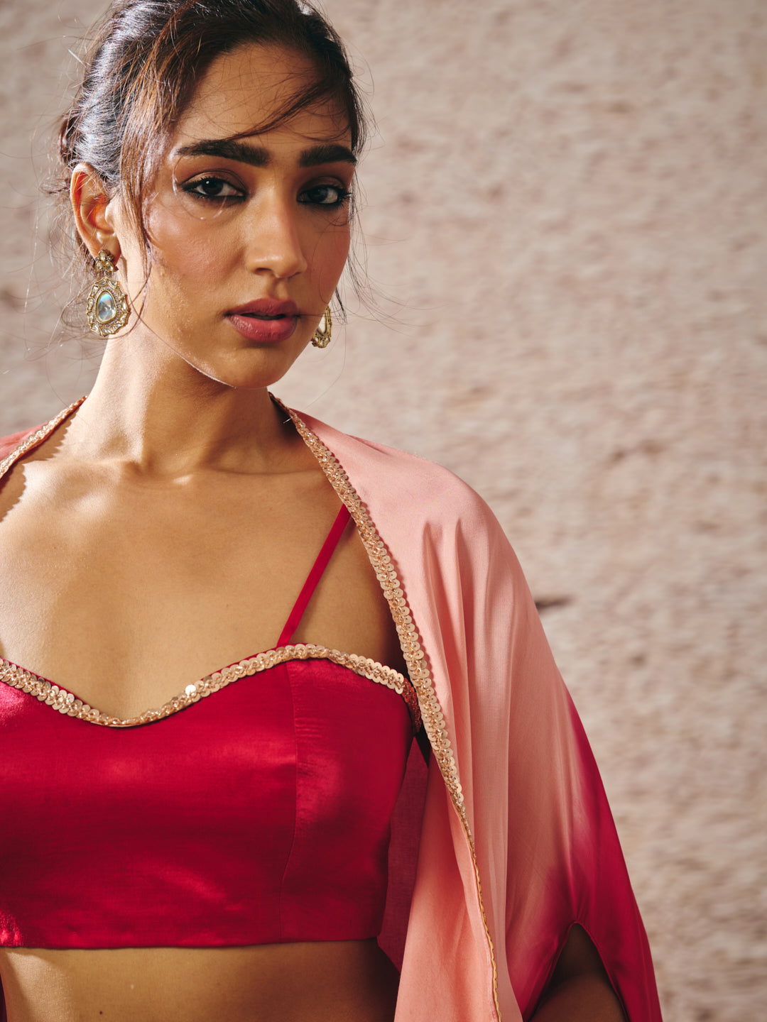 RED SKIRT WITH BLOUSE WITH RED AND GOLD PEACH OMBRE SHRUG