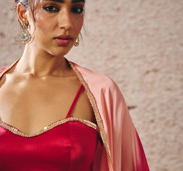 RED SKIRT WITH BLOUSE WITH RED AND GOLD PEACH OMBRE SHRUG