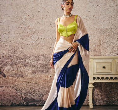 NEON GREEN BLOUSE BLUE AND BEIGE BLOCK SAREE