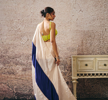 NEON GREEN BLOUSE BLUE AND BEIGE BLOCK SAREE