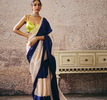 NEON GREEN BLOUSE BLUE AND BEIGE BLOCK SAREE