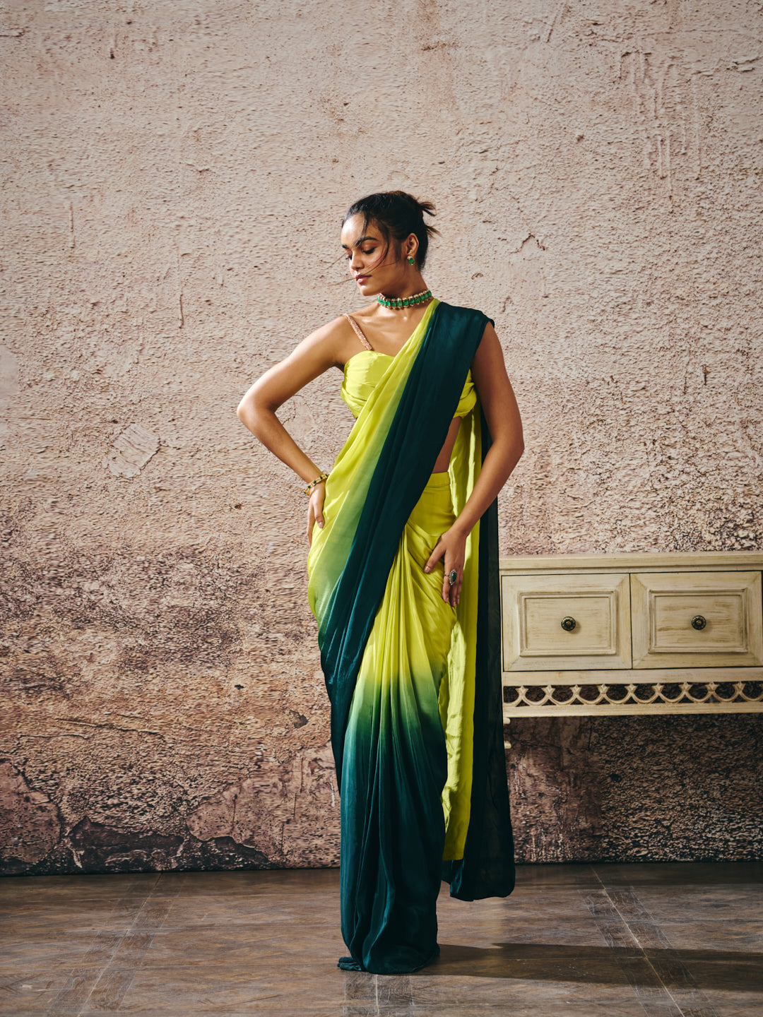 NEON GREEN BLOUSE WITHNDARK GREEN AND NEON GREEN OMBRE SAREE
