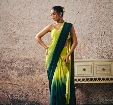 NEON GREEN BLOUSE WITHNDARK GREEN AND NEON GREEN OMBRE SAREE