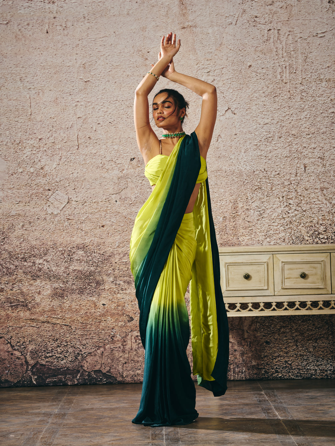 NEON GREEN BLOUSE WITHNDARK GREEN AND NEON GREEN OMBRE SAREE