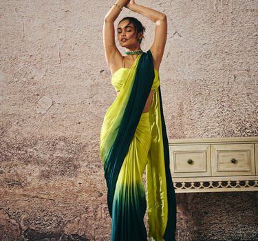 NEON GREEN BLOUSE WITHNDARK GREEN AND NEON GREEN OMBRE SAREE