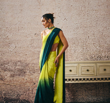 NEON GREEN BLOUSE WITHNDARK GREEN AND NEON GREEN OMBRE SAREE