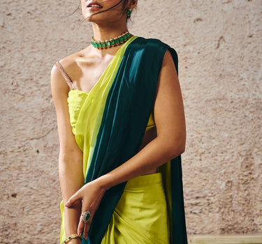 NEON GREEN BLOUSE WITHNDARK GREEN AND NEON GREEN OMBRE SAREE