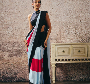 BLACK BLOUSE WITH BLACK BLUE HOT PINK COLOUR BLOCK SAREE