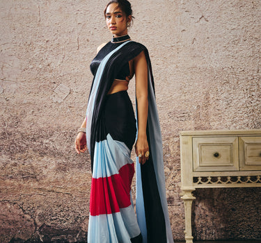 BLACK BLOUSE WITH BLACK BLUE HOT PINK COLOUR BLOCK SAREE