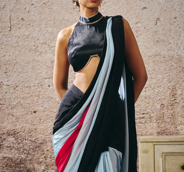 BLACK BLOUSE WITH BLACK BLUE HOT PINK COLOUR BLOCK SAREE