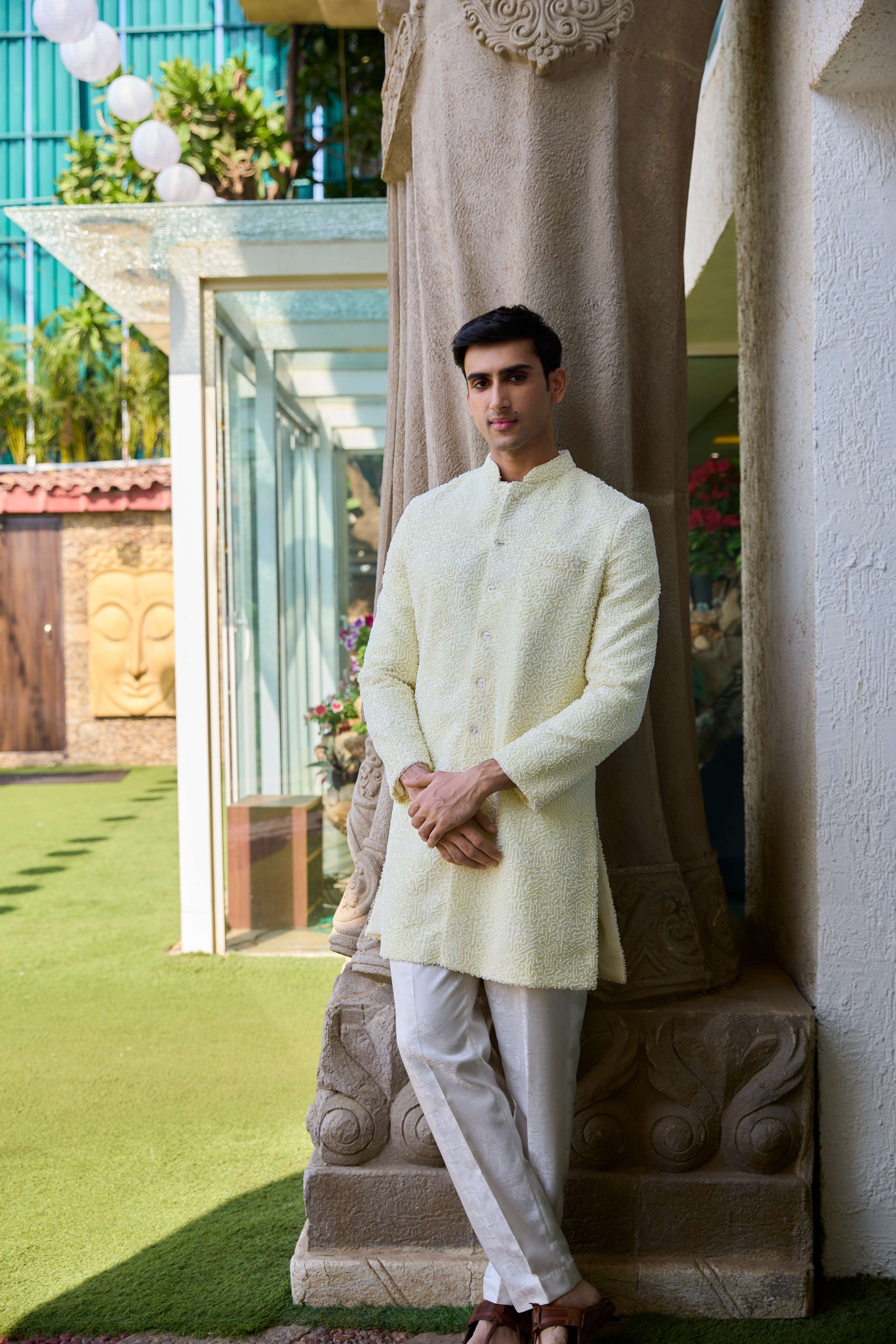 yellow embroiderd sherwani with pant