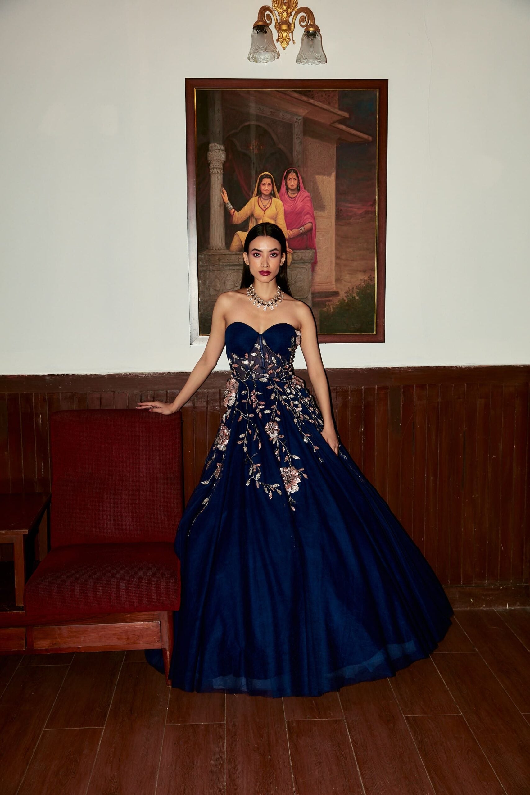 Navy Blue 3D Embroidered Gown