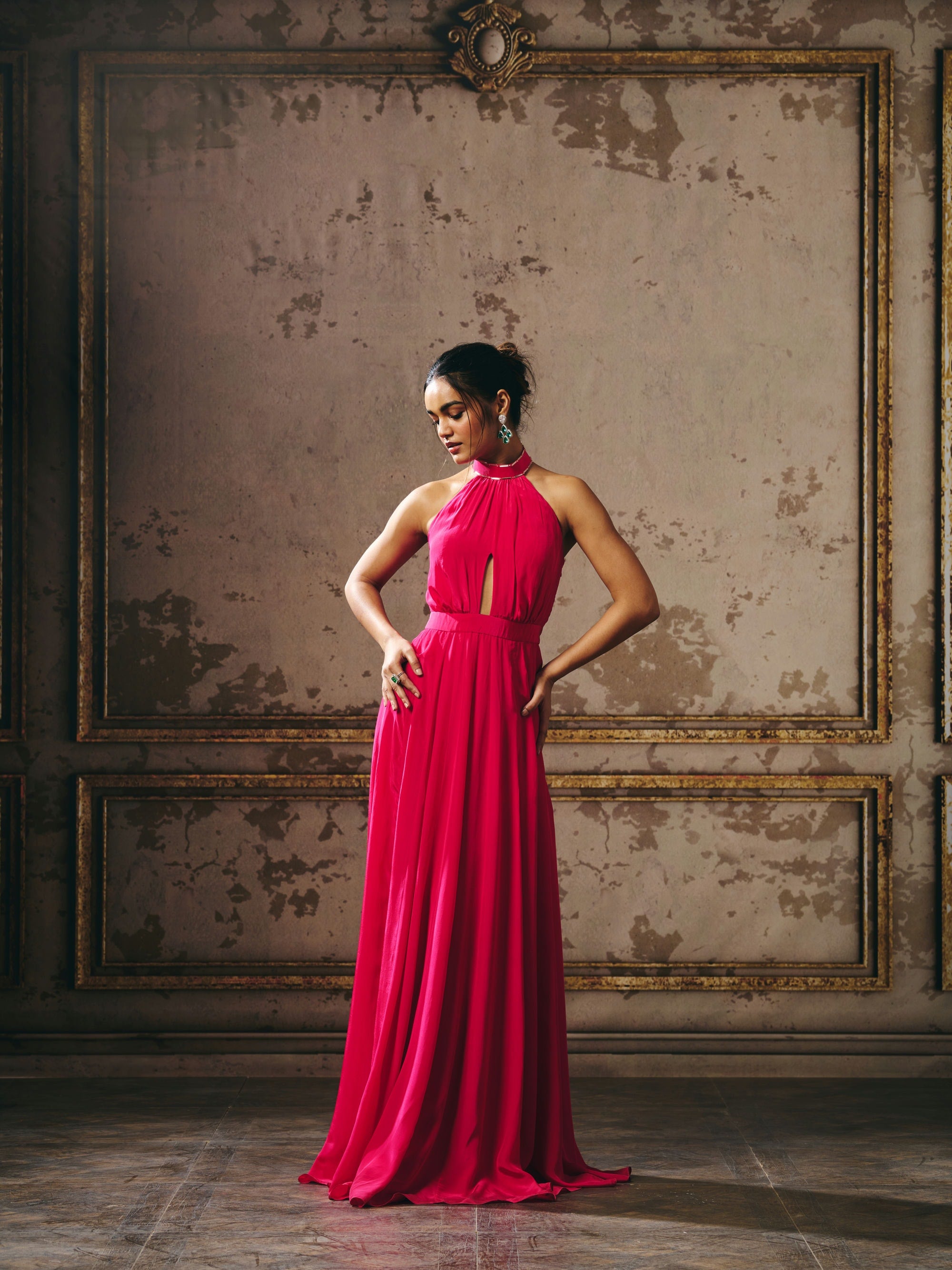 HOT PINK HALTER NECK GOWN