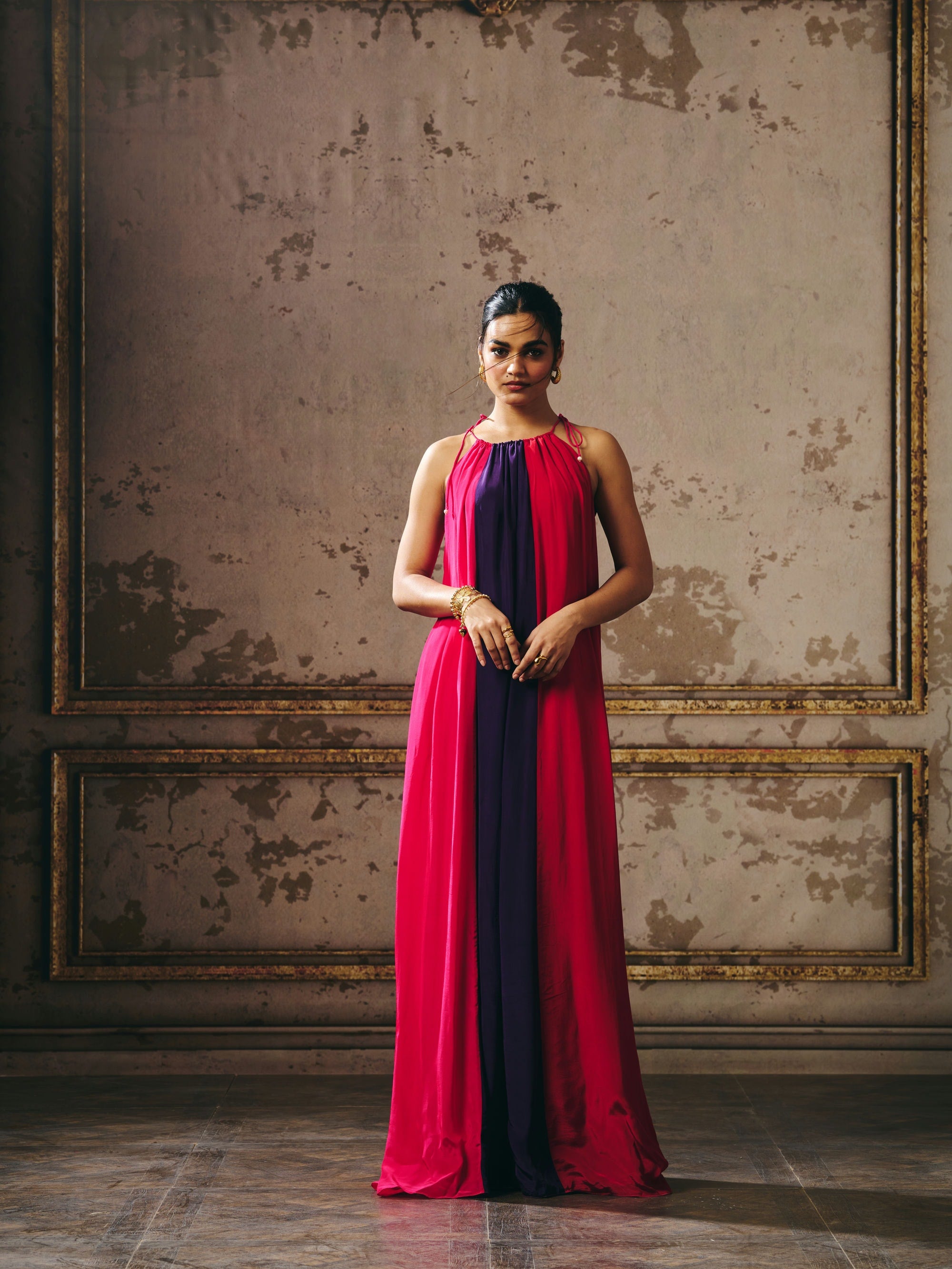 HOT PINK PURPLE AND RED TRAPEZ GOWN