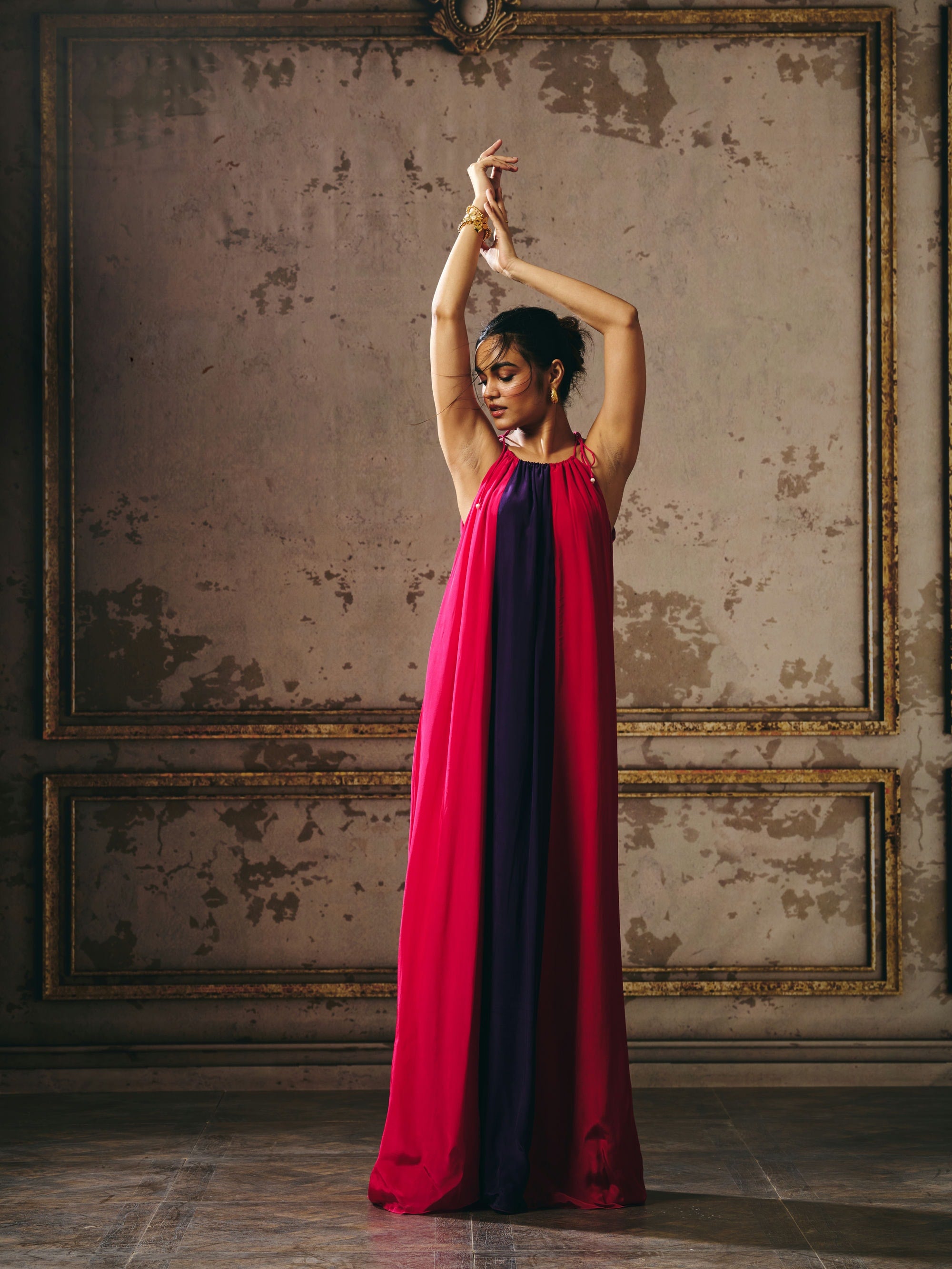 HOT PINK PURPLE AND RED TRAPEZ GOWN