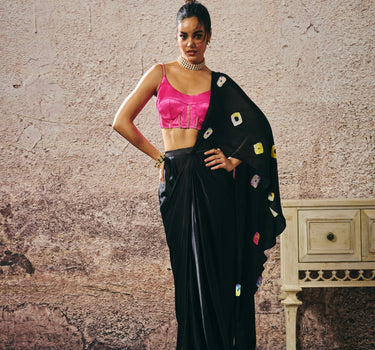 BLACK SKIRT WITH SHIBORI AND HOT HOT PINK BLOUSE