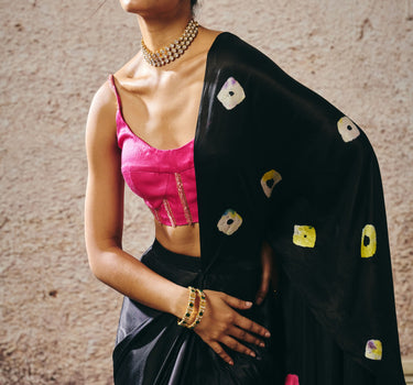 BLACK SKIRT WITH SHIBORI AND HOT HOT PINK BLOUSE