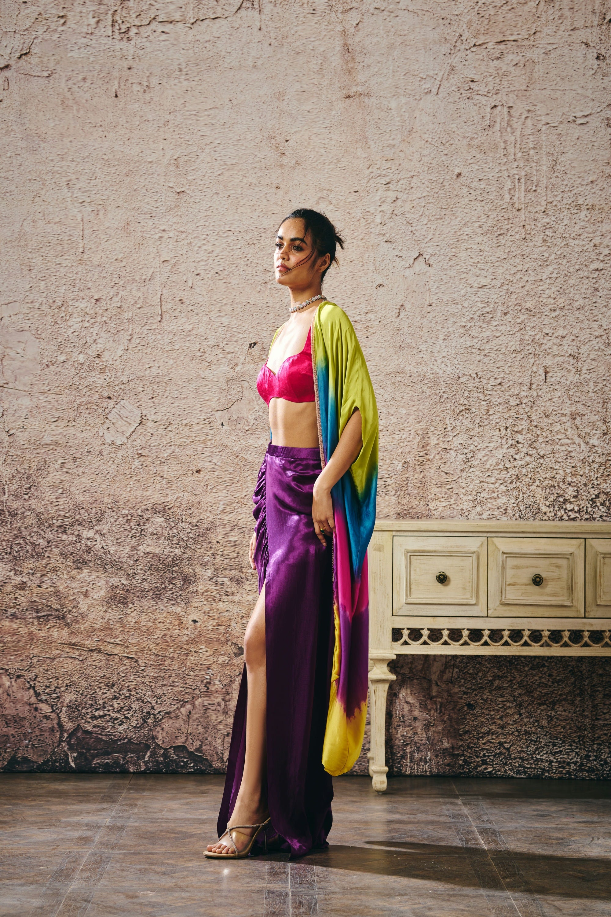 HOT PINK BLOUSE AND PURPLE SKIRT WITHOMBRE SHRUG