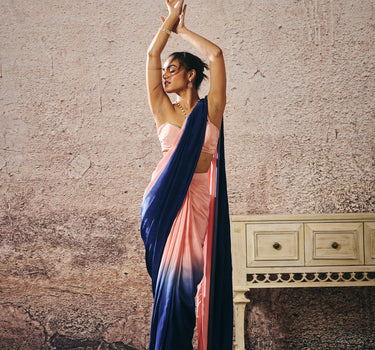 PEACH BLOUSE WITH PEACH AND NAVY BLUE OMBRE SAREE