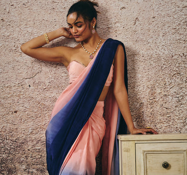 PEACH BLOUSE WITH PEACH AND NAVY BLUE OMBRE SAREE