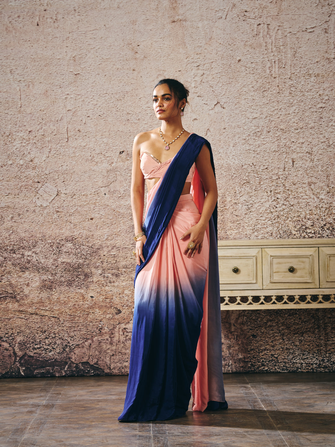 PEACH BLOUSE WITH PEACH AND NAVY BLUE OMBRE SAREE