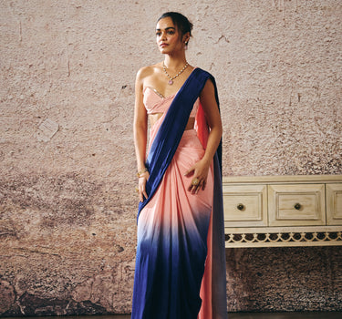 PEACH BLOUSE WITH PEACH AND NAVY BLUE OMBRE SAREE