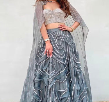 Grey Ruffle Embroidered Lehenga With Corset And Cape