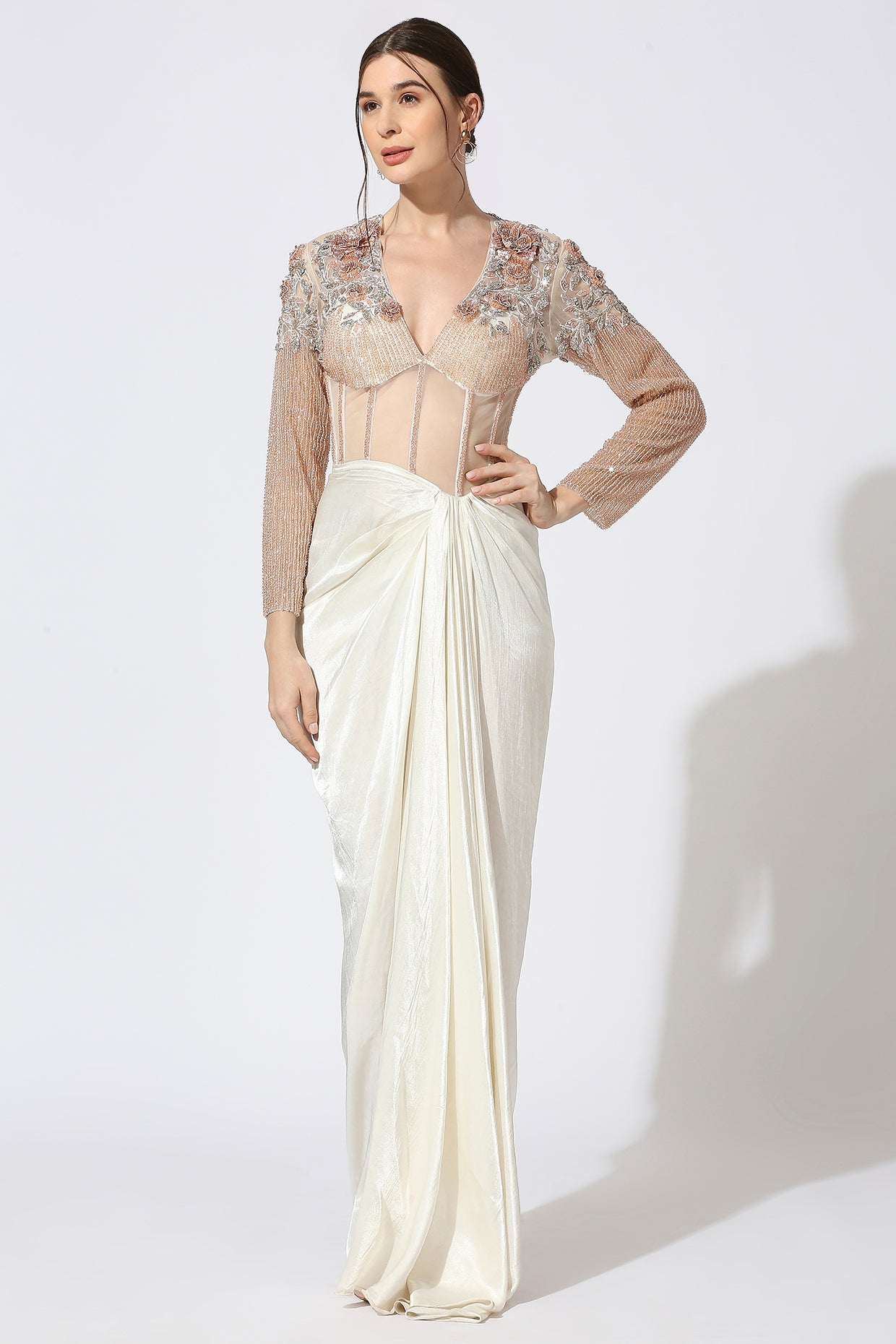 White corset 3d embroidered gown