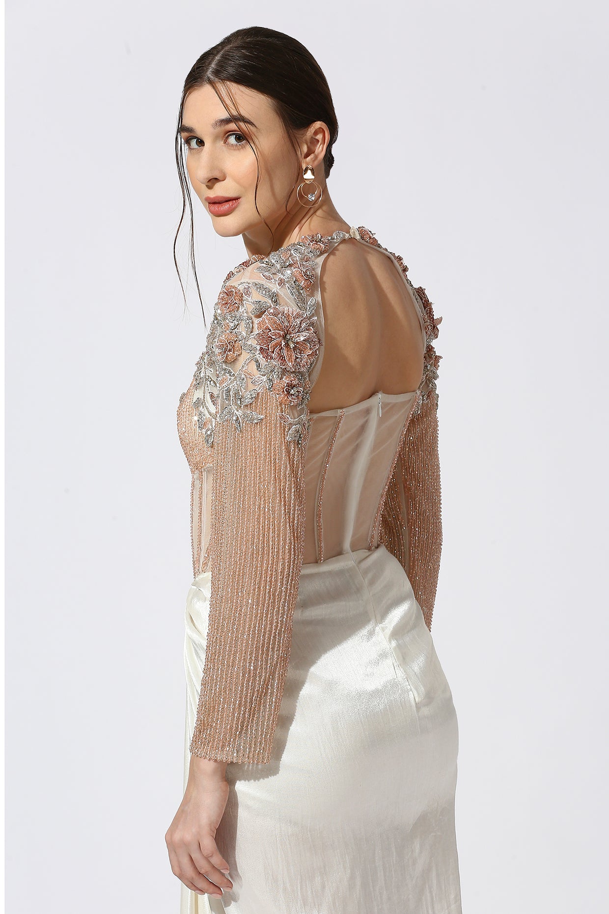 White corset 3d embroidered gown