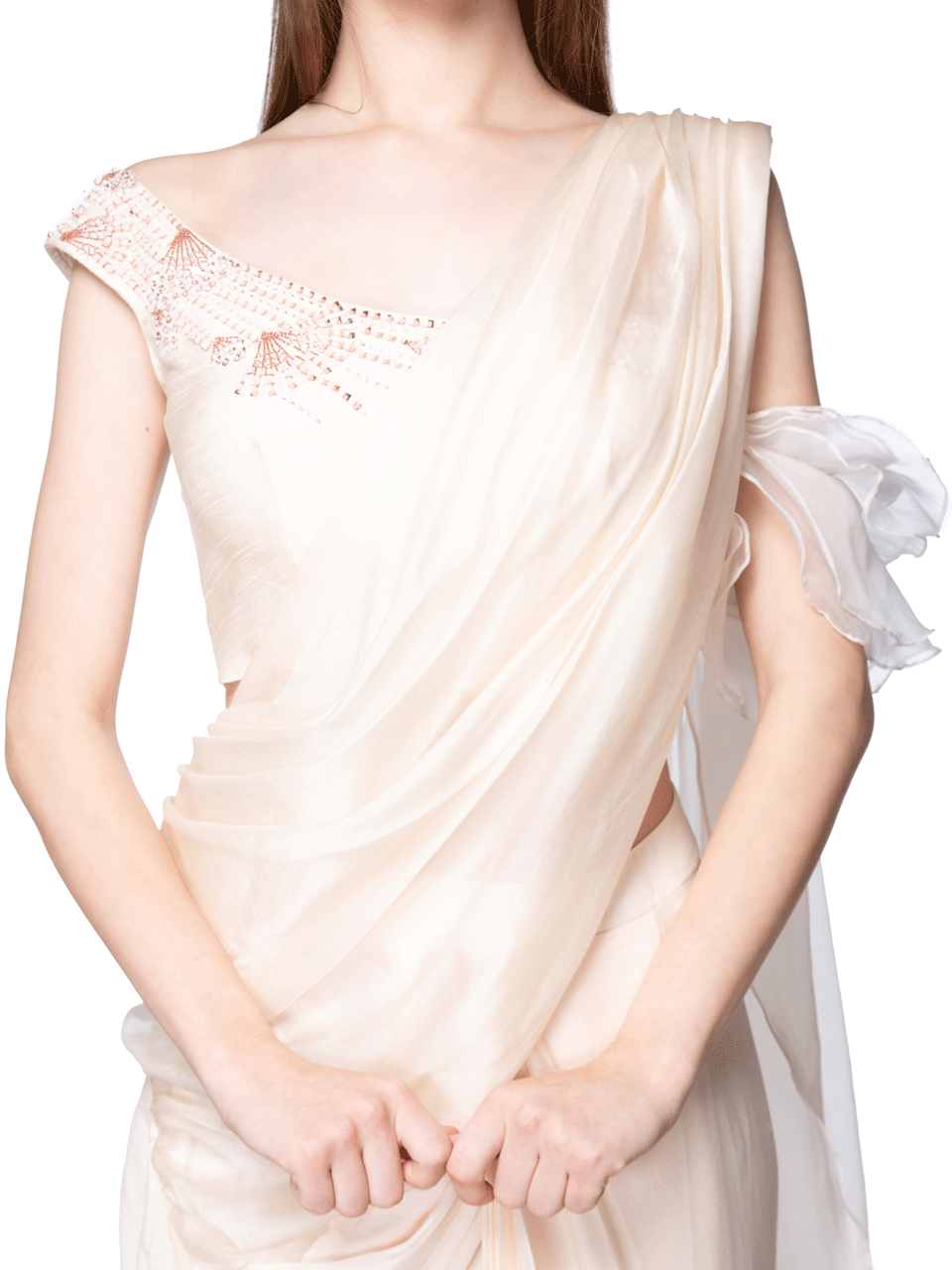 Cream Off Shoulder Blouse With Pleated Dhoti