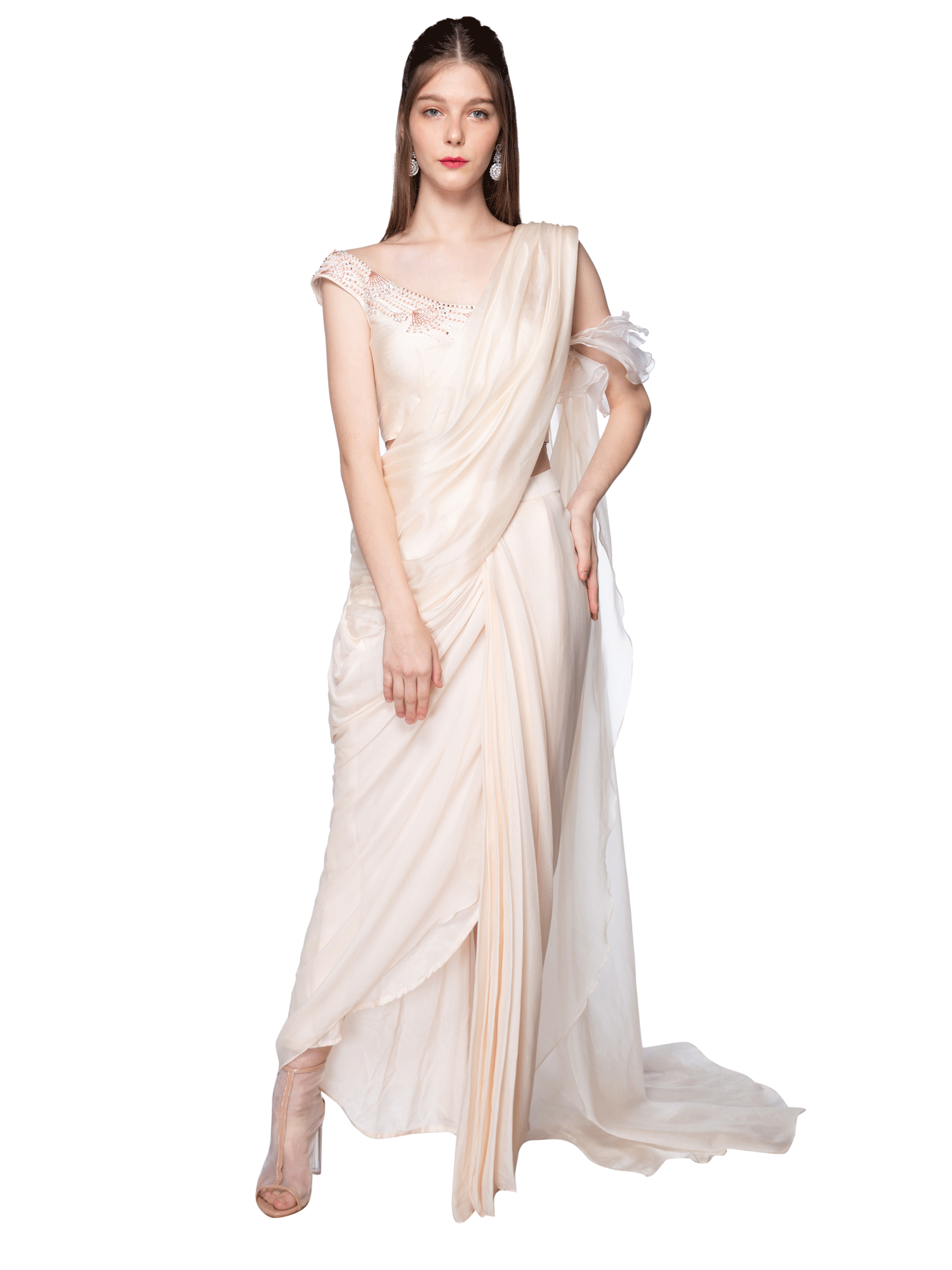Cream Off Shoulder Blouse With Pleated Dhoti