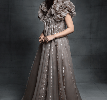 Chikoo Embroidered Trapeze Gown With Ruffle Jacket