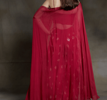 Crimson Embroidered Sharara Pant With One Shoulder Drape