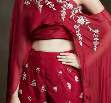 Crimson Embroidered Sharara Pant With One Shoulder Drape