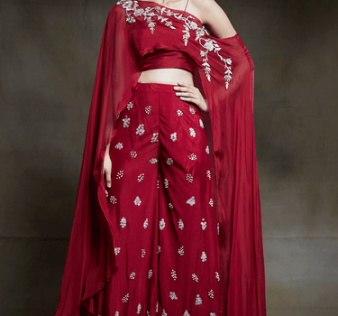 Crimson Embroidered Sharara Pant With One Shoulder Drape