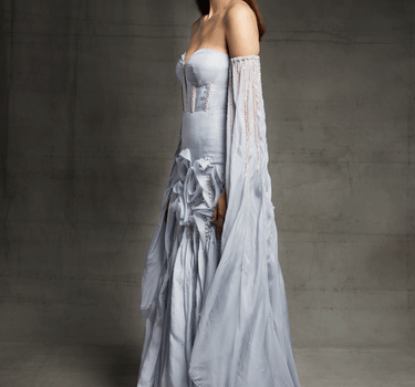 Ice Blue Embroidered Ruffle Gown With A Floor Length Drape On Both Side