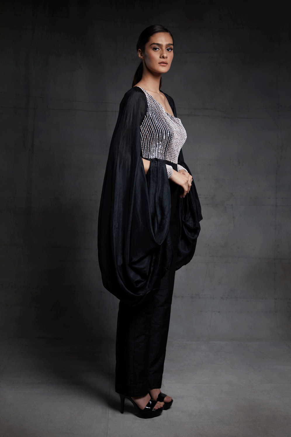 Black Embroidered Pant Set With Loose Sleeves