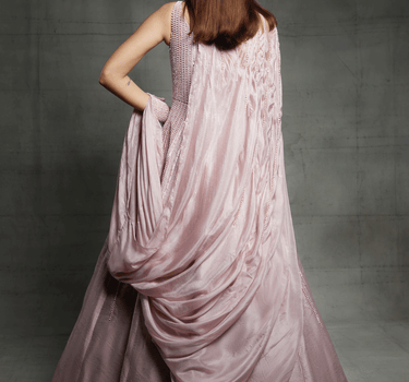 Pink Embroidered Gown With A Cape