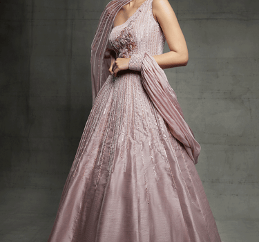 Pink Embroidered Gown With A Cape