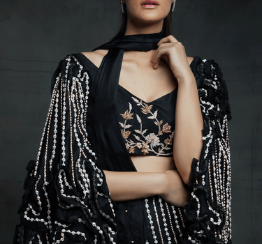 Black Embroidered Ruffle Pant Sets With Loose Sleeves And A Stole